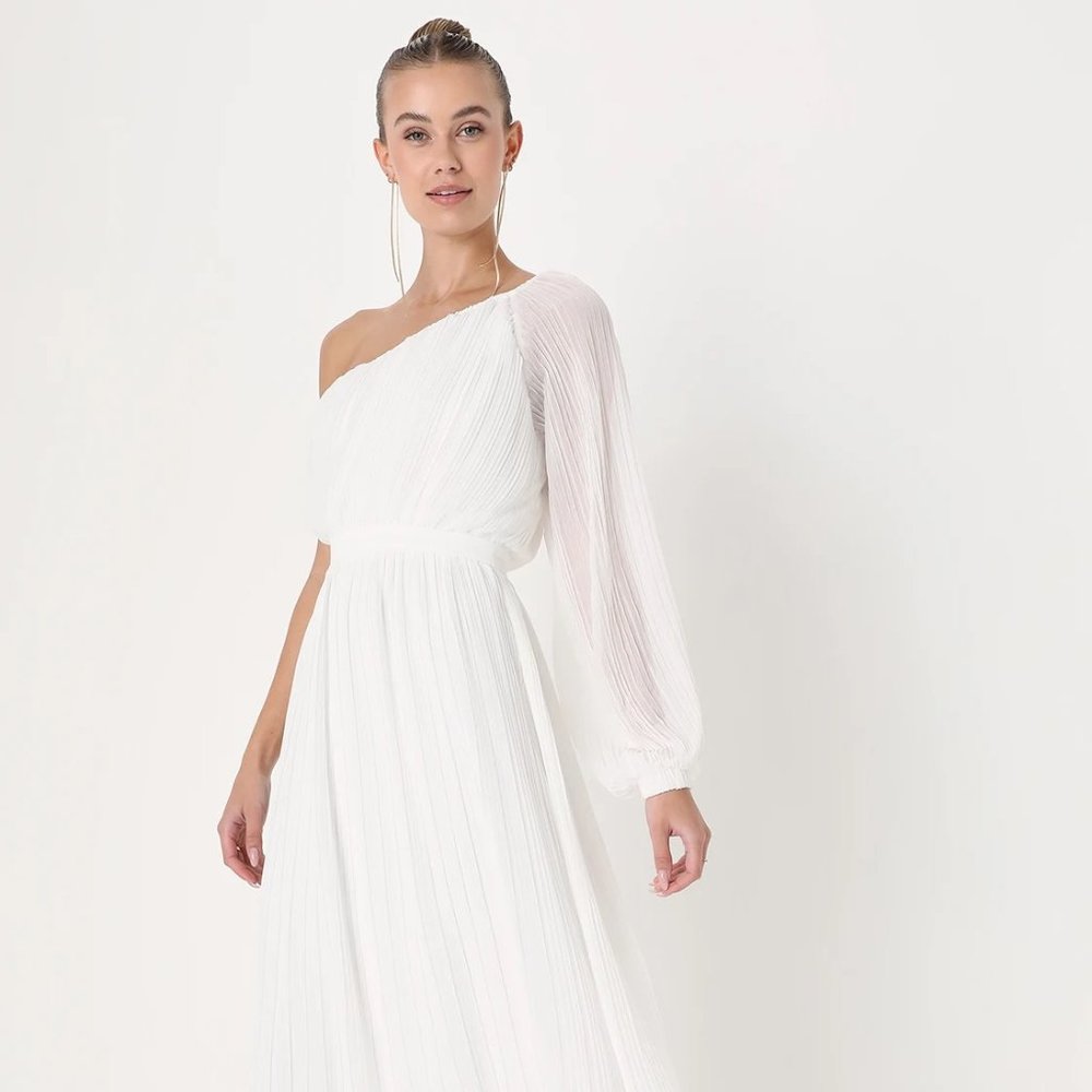 Lulu's Always Loving You White Pleated One-Shoulder Midi Dress